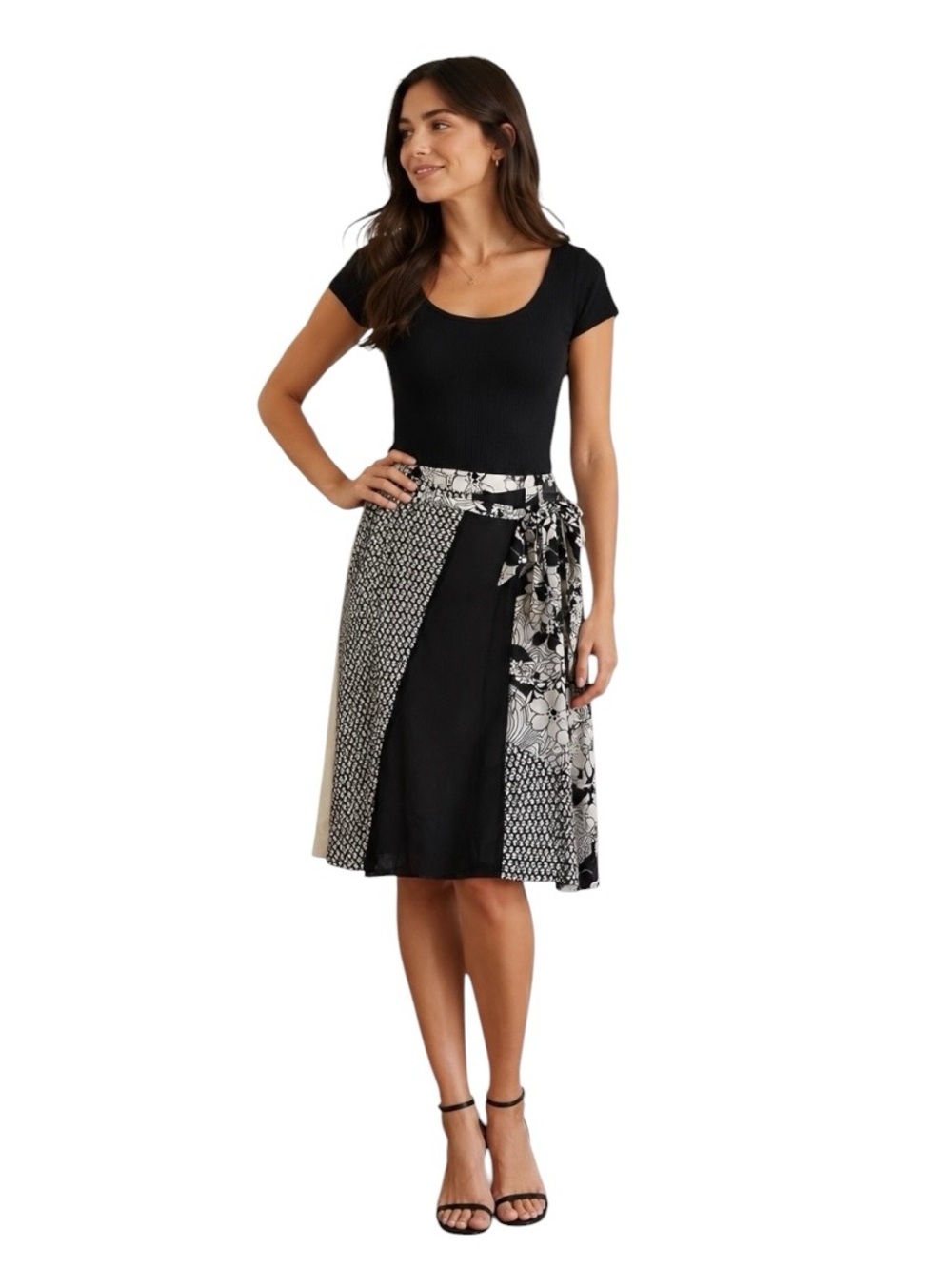 Oscar Oscar de la Renta Black & Cream Floral Faux Wrap Skirt Sz 14 Knee Length